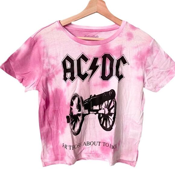 AC/DC Pink Tie Dye Crop Top For Those About To Rock" Band Tee Size Medium (7-9) - Picture 3 of 7
